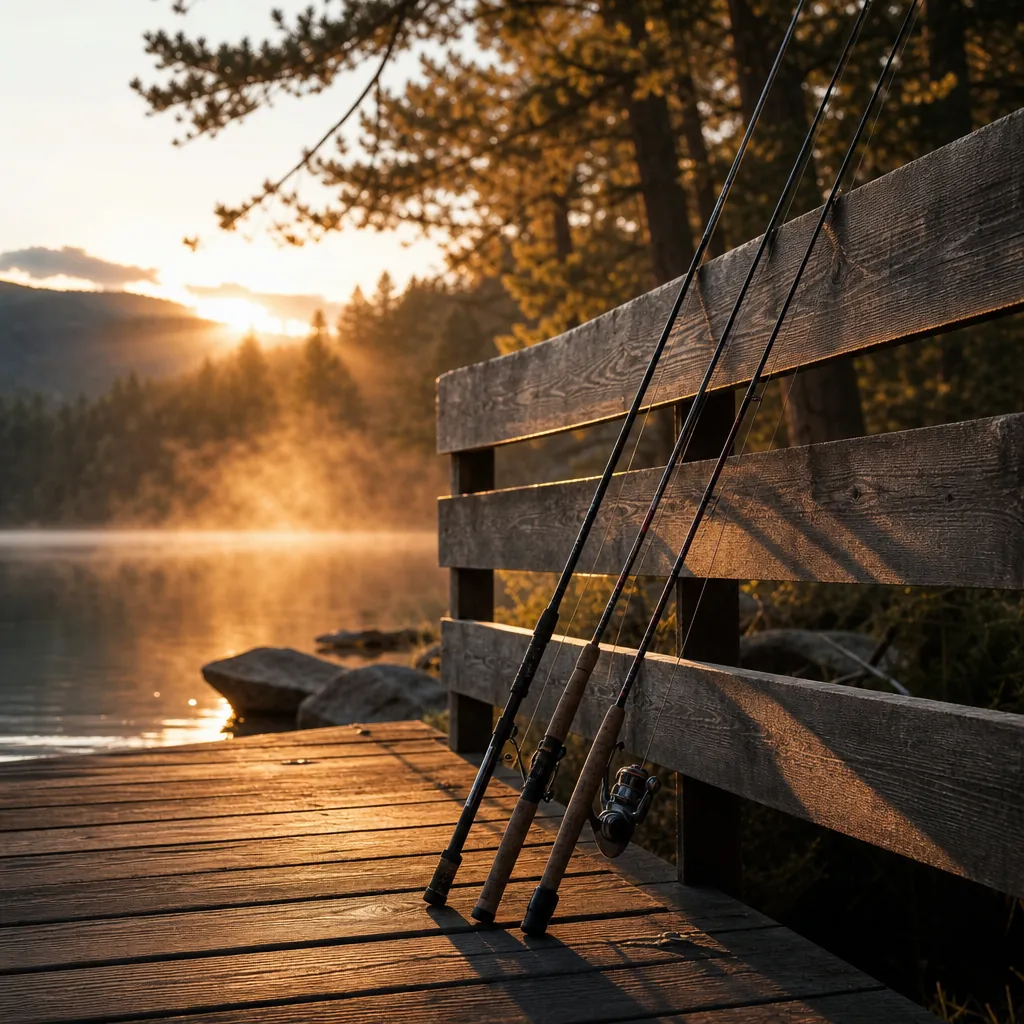 A close-up of three fishing rods of varying lengths leaning against a wooden fence at a lakeside fishing access point, e