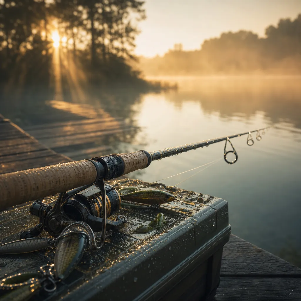 A close-up of a spinning rod handle resting across a tackle box at the edge of a wooden dock, early morning fog rolling 