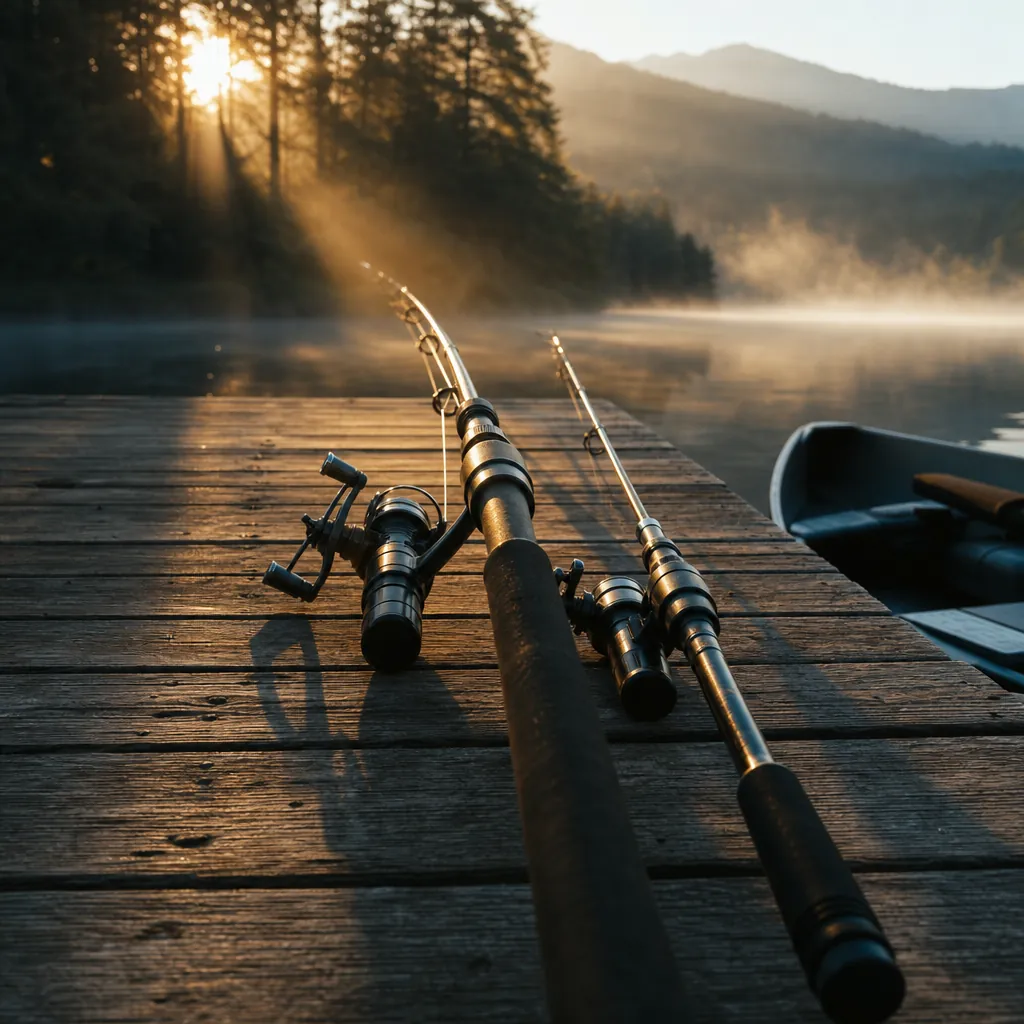 A close-up of two fishing rods laid side by side on a weathered wooden dock, one noticeably thicker and stiffer than the