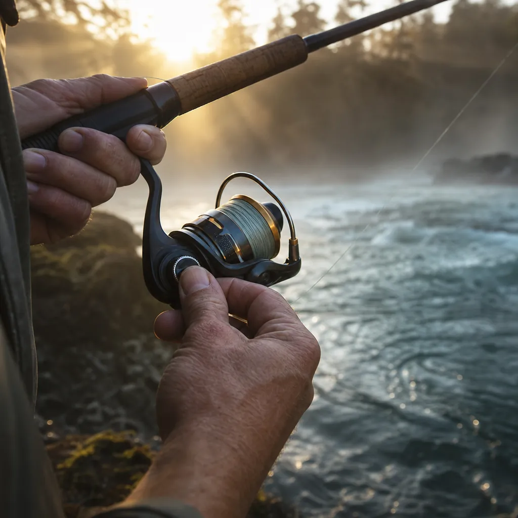 A close-up of a weathered angler's hands adjusting the drag knob on a spinning reel mounted to a rod, murky green river