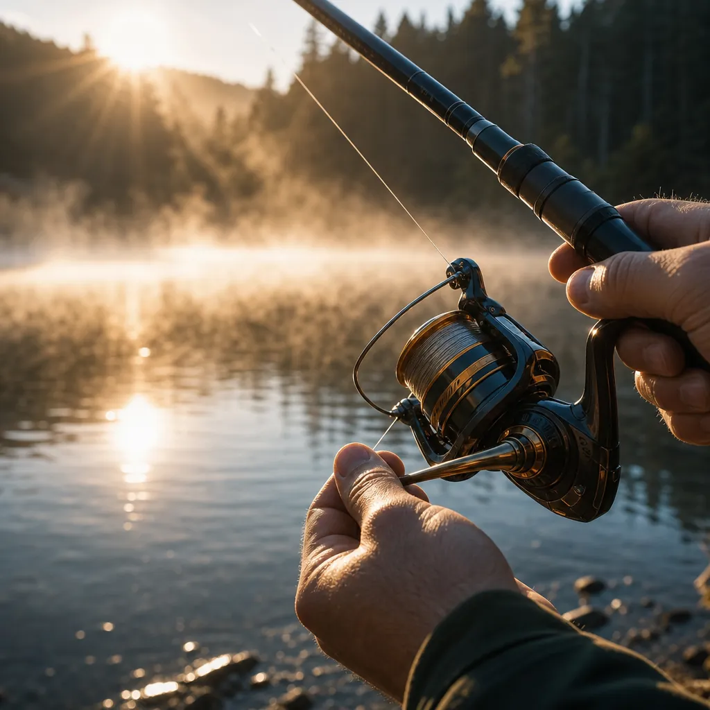 Close-up of an angler's hands threading line through the line guides of a brand-new spinning reel mounted on a rod, gold