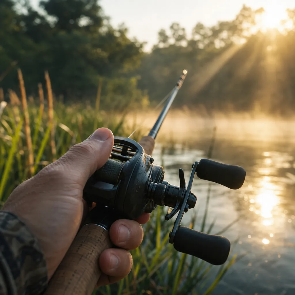 Close-up of a hand holding a baitcasting reel over sun-sparkled water, thumb resting lightly on the spool, with blurred