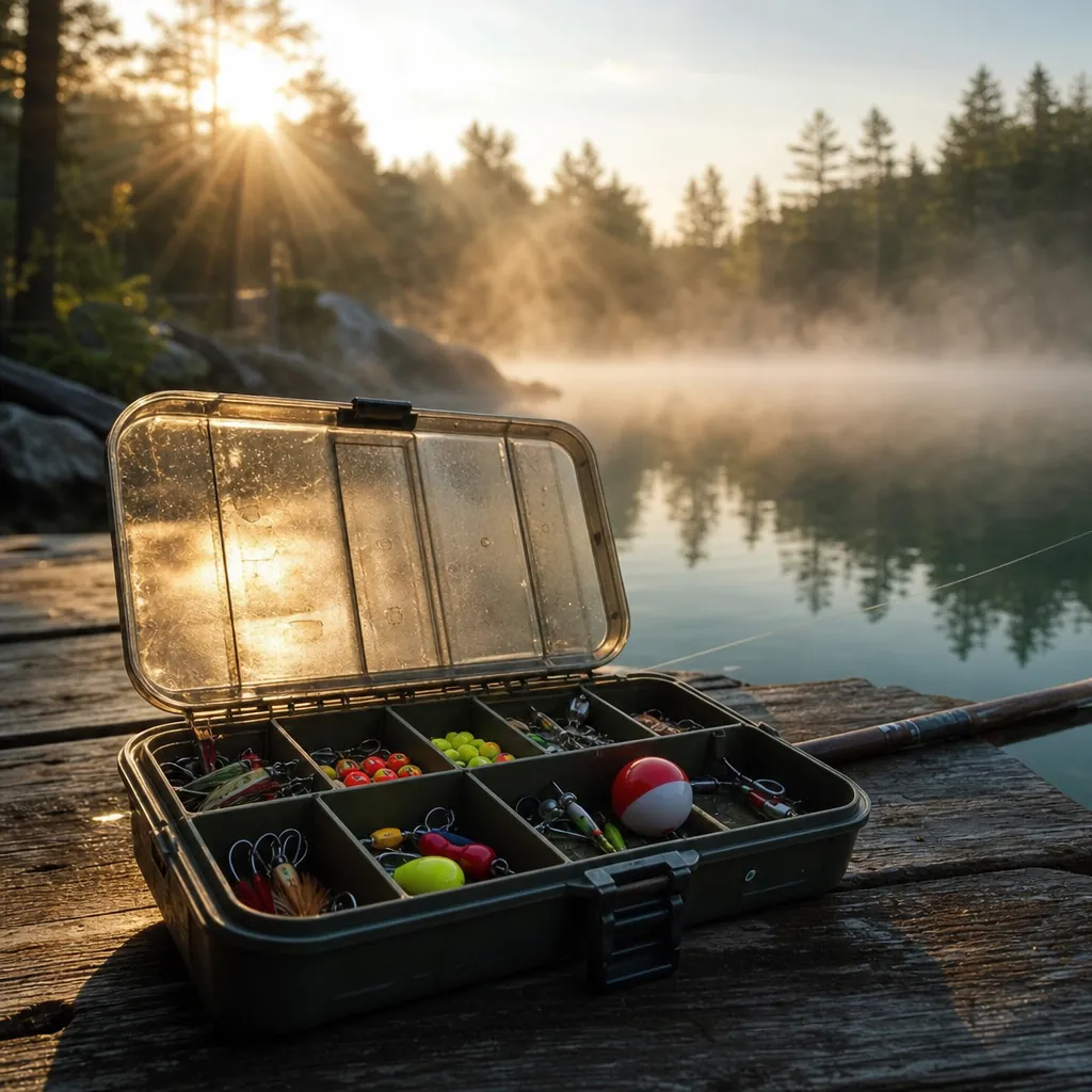 A close-up of an open beginner's tackle box resting on a sun-bleached dock plank, colorful jig heads, small spinners, an