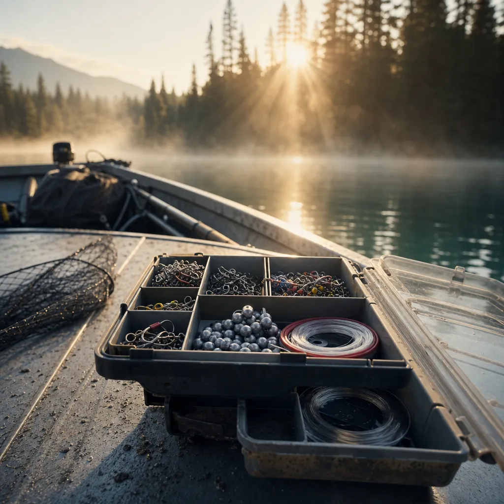 A close-up of a tackle box tray laid flat on a sun-bleached aluminum boat deck, its small compartments neatly filled wit