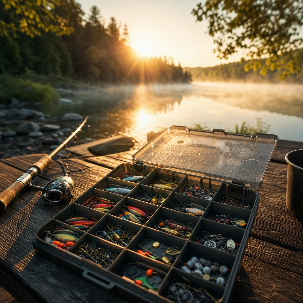 A close-up overhead shot of an open tackle box with neatly sorted compartments full of colorful lures, hooks, and weight