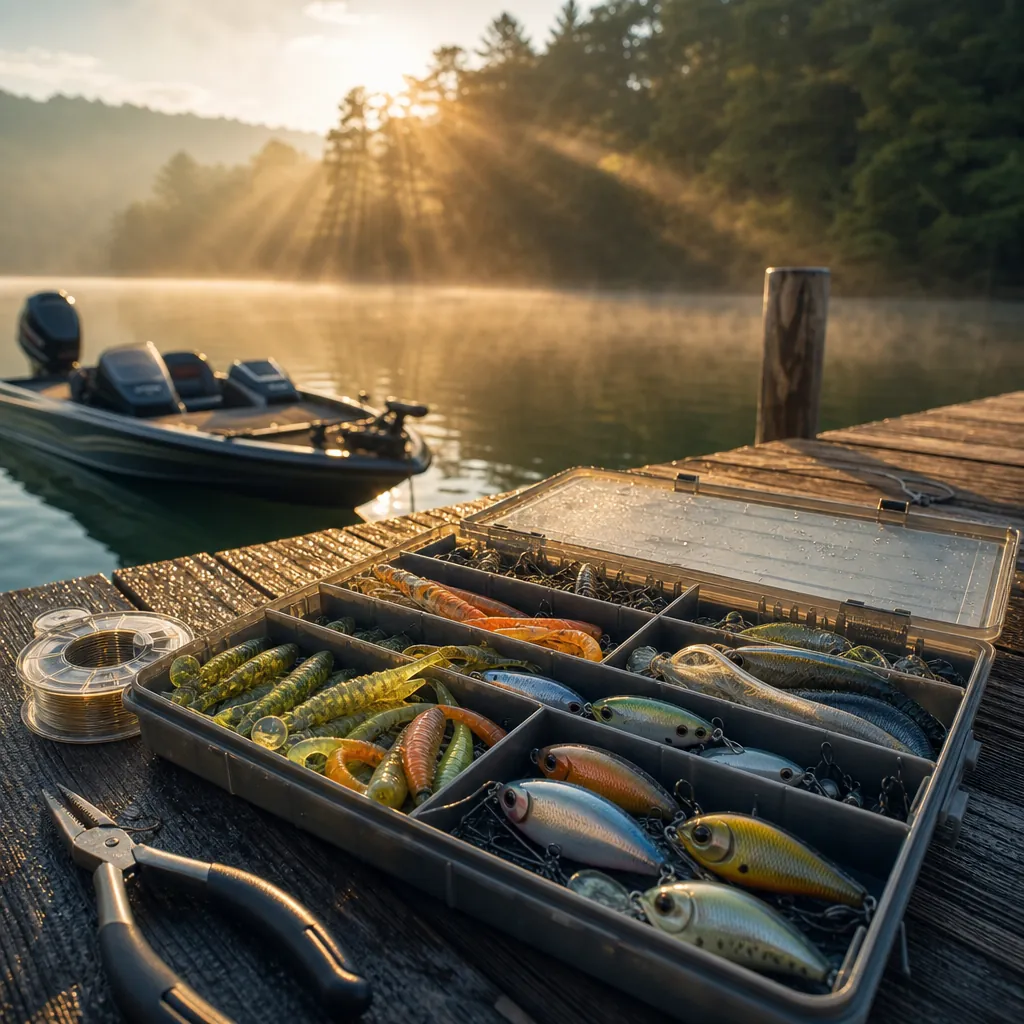 A close-up view of an open tackle box filled with colorful soft plastics, crankbaits, and hooks resting on sun-warmed do