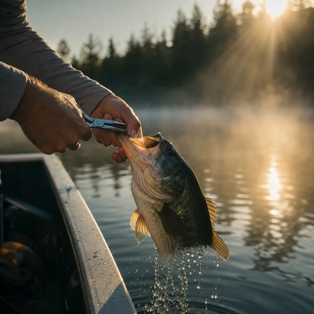 An angler's sun-tanned hands working a pair of pliers to remove a hook from a largemouth bass held over the gunwale of a