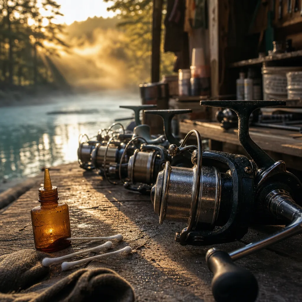 A close-up of weathered but well-maintained fishing reels lined up on a garage workbench, a small oil bottle and cotton 