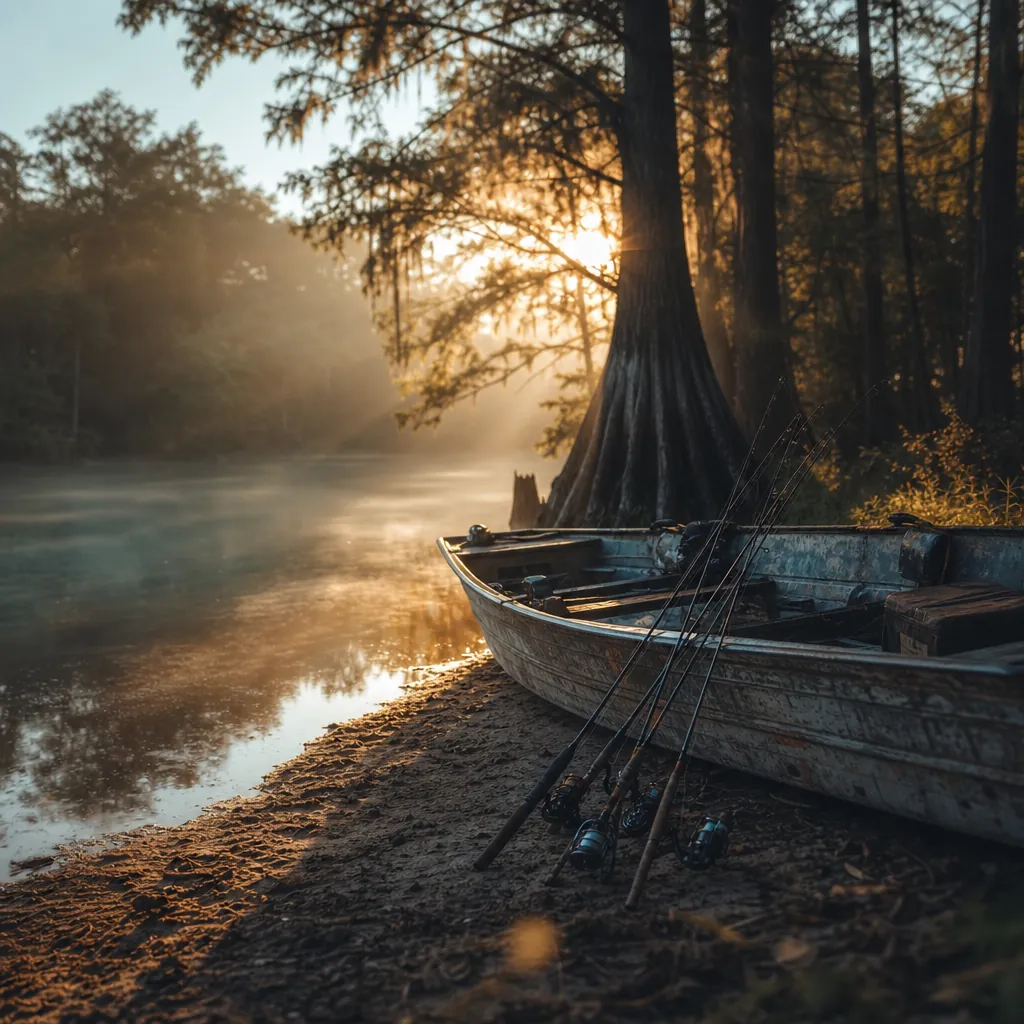 A weathered aluminum jon boat resting on a sandy riverbank at the edge of a cypress swamp, fishing rods propped against