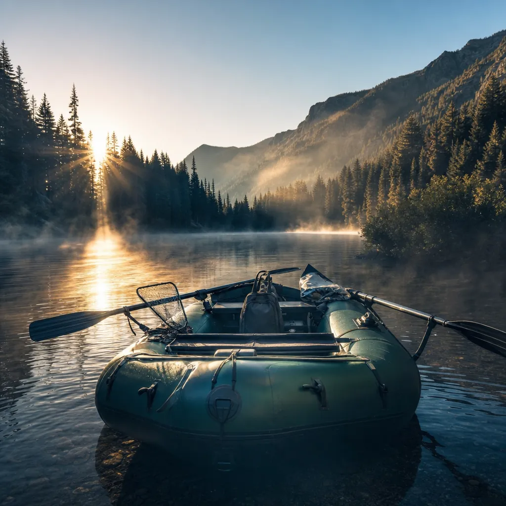 A close-up wide-angle view of an inflatable pontoon boat resting on the calm surface of a mountain reservoir, oars exten