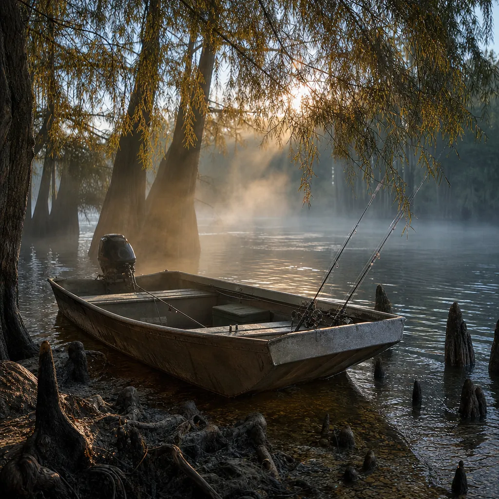 A weathered aluminum jon boat rests in shallow, amber-tinted river water surrounded by cypress knees and overhanging wil