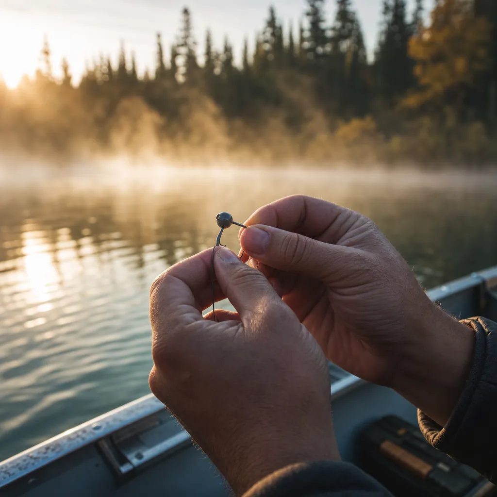A close-up of sun-warmed hands threading dark braided fishing line through the eye of a jig hook over the gunwale of an 