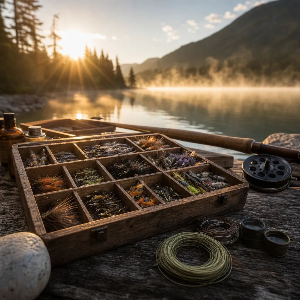 A close-up of a rustic wooden tackle organizer tray filled with colorful hand-tied flies, leader coils, and small fishin