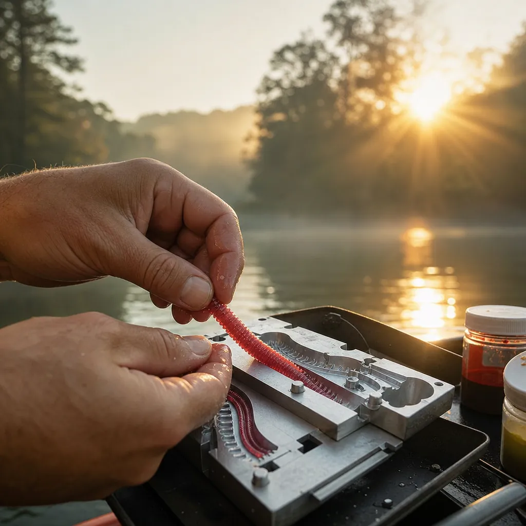 Close-up of two hands carefully peeling a freshly cooled watermelon-colored soft plastic worm from an open aluminum lure