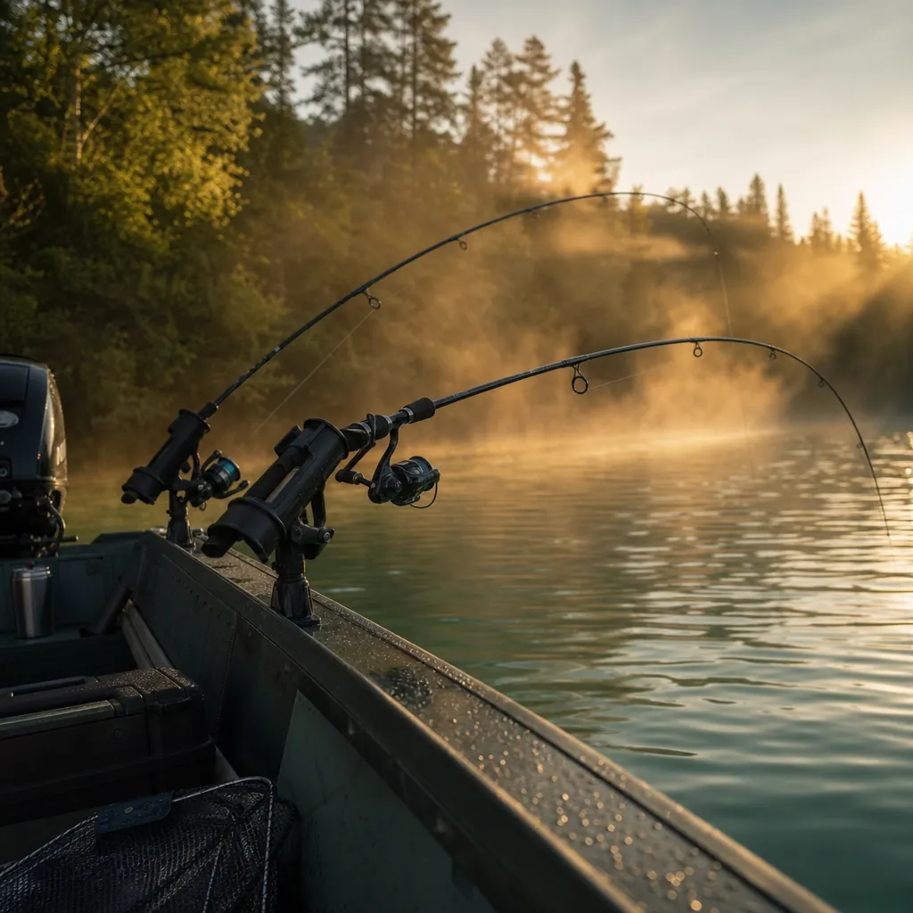 A pair of fishing rods bent in rod holders on the stern of a small aluminum boat, lures trailing into green lake water o