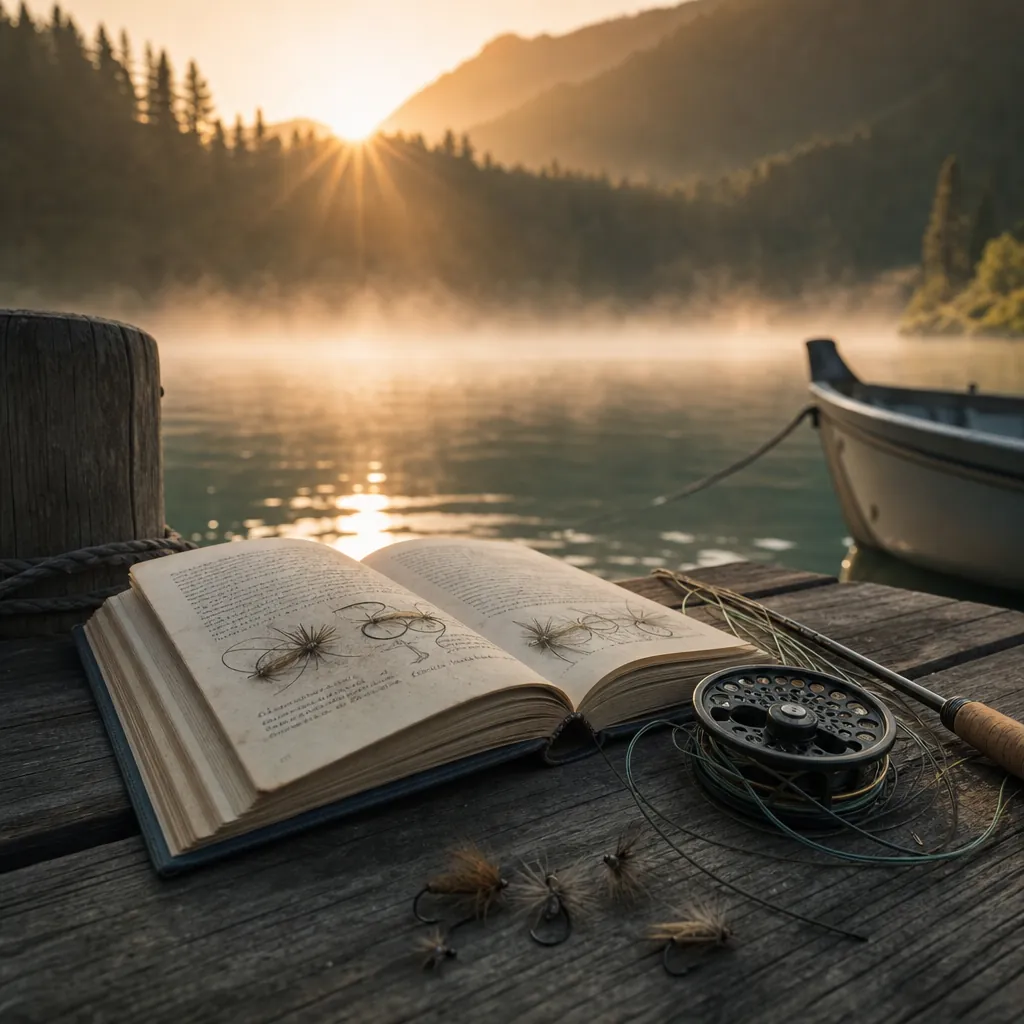 A close-up of a well-thumbed hardcover fishing book lying open on a sun-bleached dock plank, a tangled fly reel and a fe