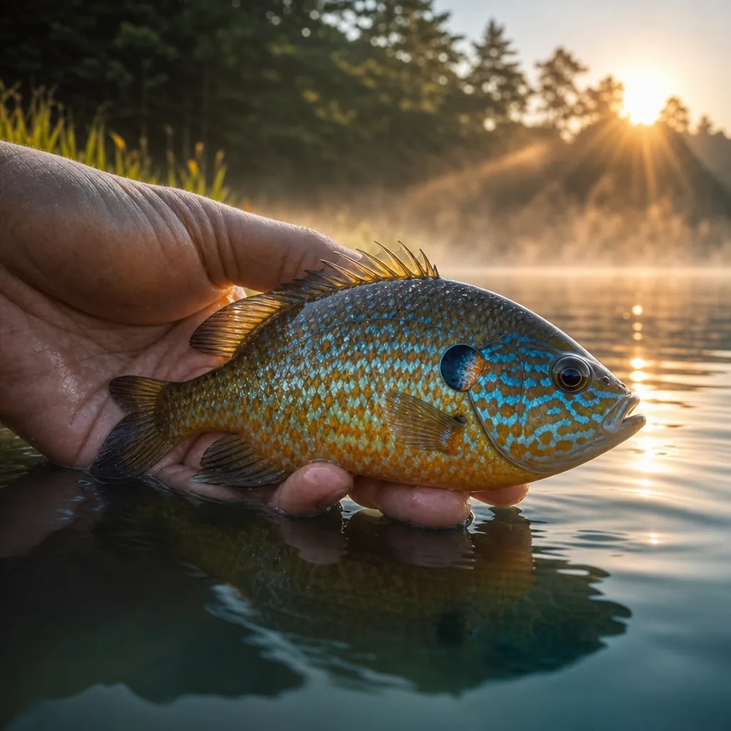 A close-up of a colorful pumpkinseed sunfish cradled just above the water's surface, its vivid orange and blue speckled 