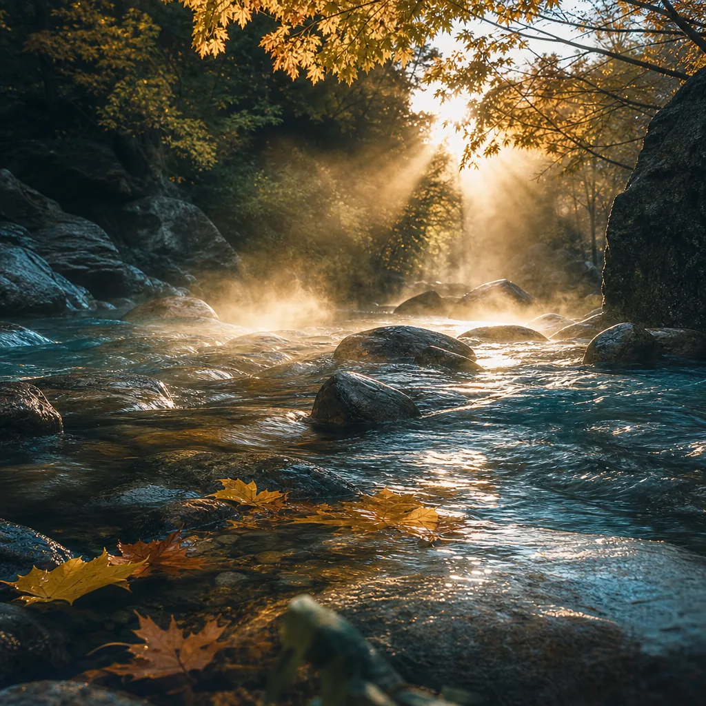 A close-up of a crystal-clear cold-water stream rushing over smooth river rocks with dappled sunlight breaking through o