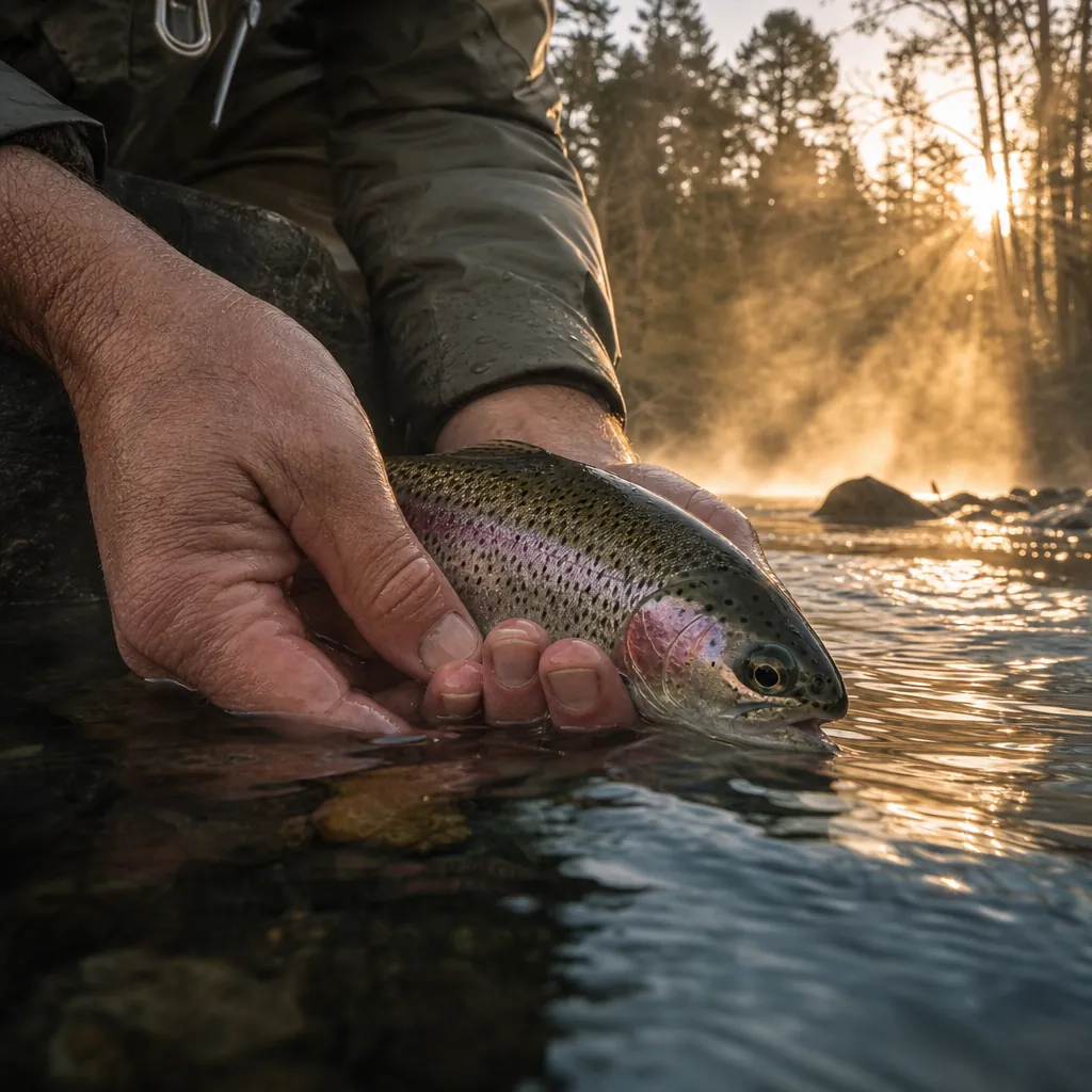 Close-up of a pair of weathered hands submerged just below the surface of a clear stream, gently cradling a vivid rainbo