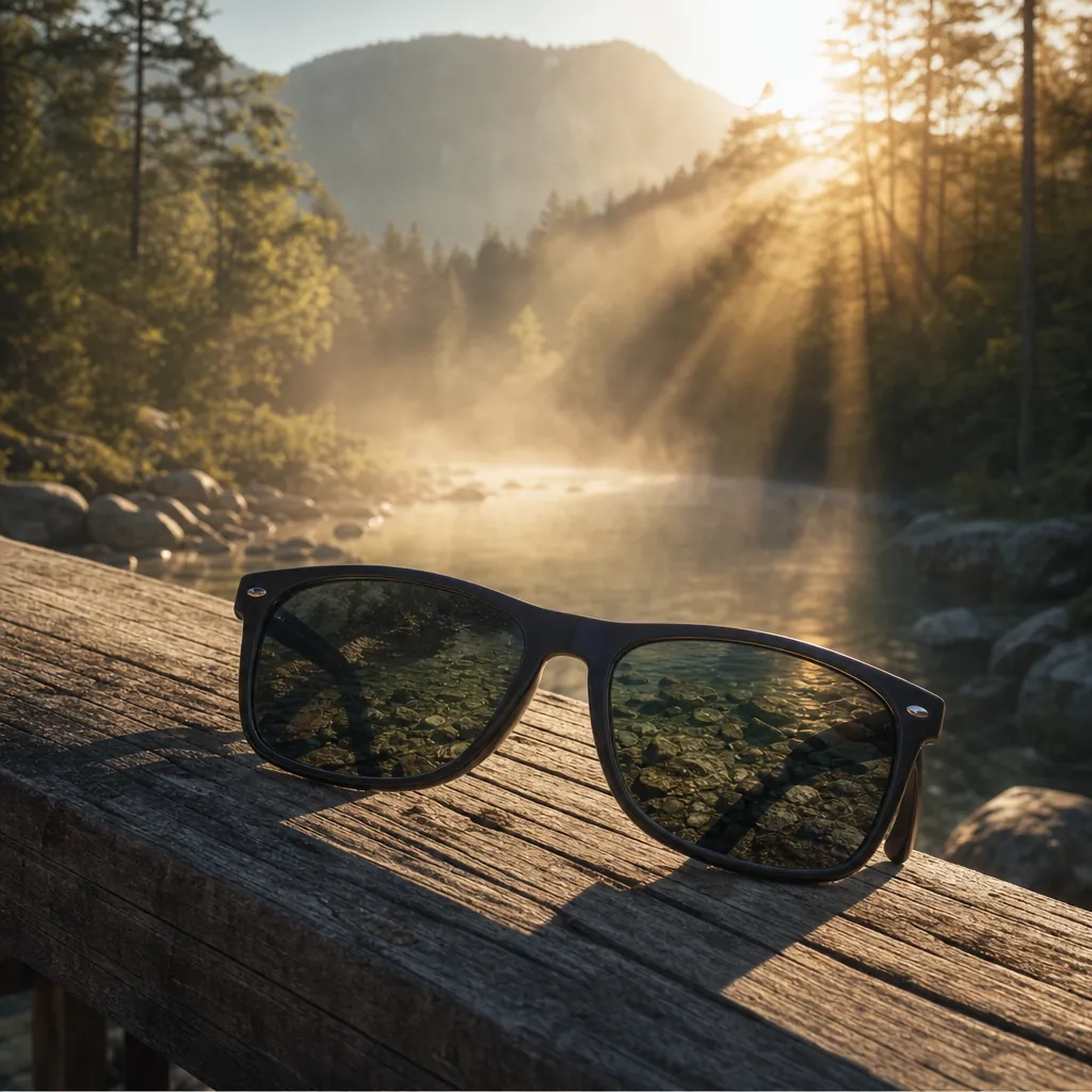 A close-up of a pair of polarized sunglasses resting on a sun-bleached wooden dock railing, with a shallow, rocky stream