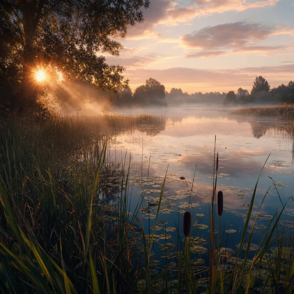A wide-angle view of a shallow, grass-lined lake at dawn, cattails and lily pads stretching to the horizon under a paste
