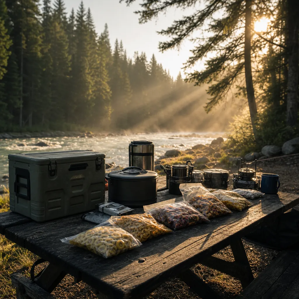 A weathered campsite table near a river's edge holds a well-organized spread of camping cookware, a large hard-sided coo