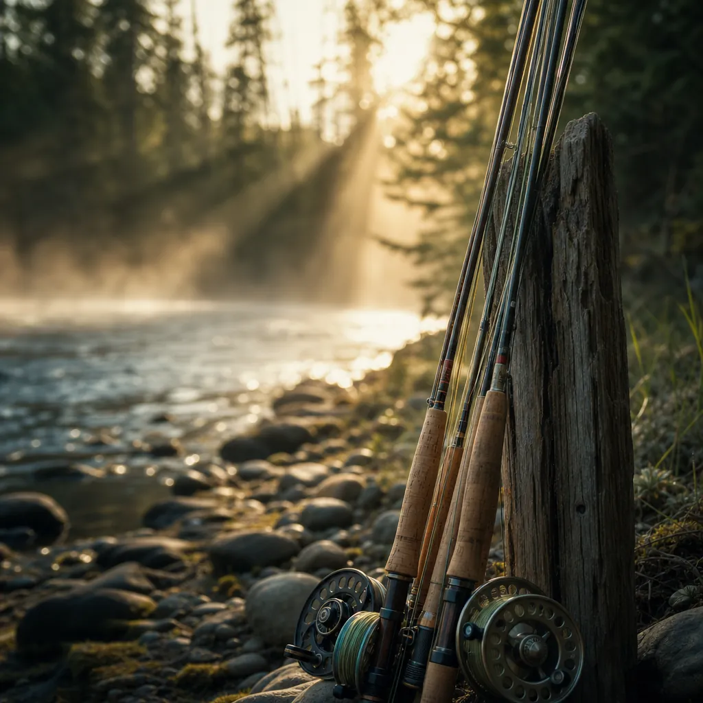 A close-up of several fly rods leaning against a weathered wooden fence post near a rocky riverbank, fly reels attached,