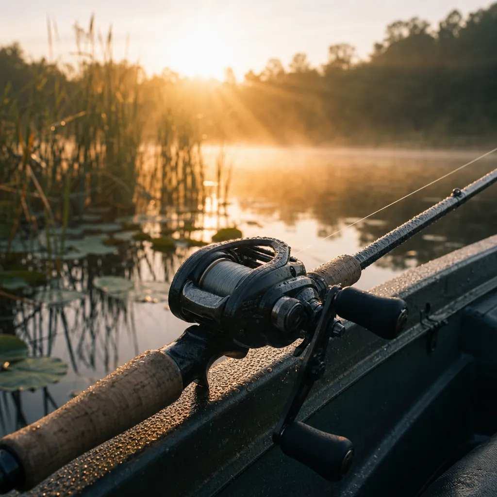 A close-up of a baitcasting reel mounted on a casting rod resting across a boat gunwale, early morning dew on the rod bl