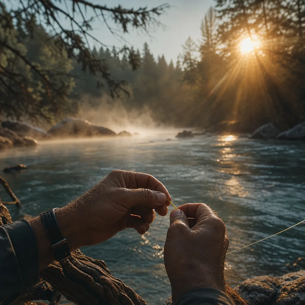 Close-up of a hand tying a fishing knot at the water's edge, afternoon light filtering through overhanging tree branches