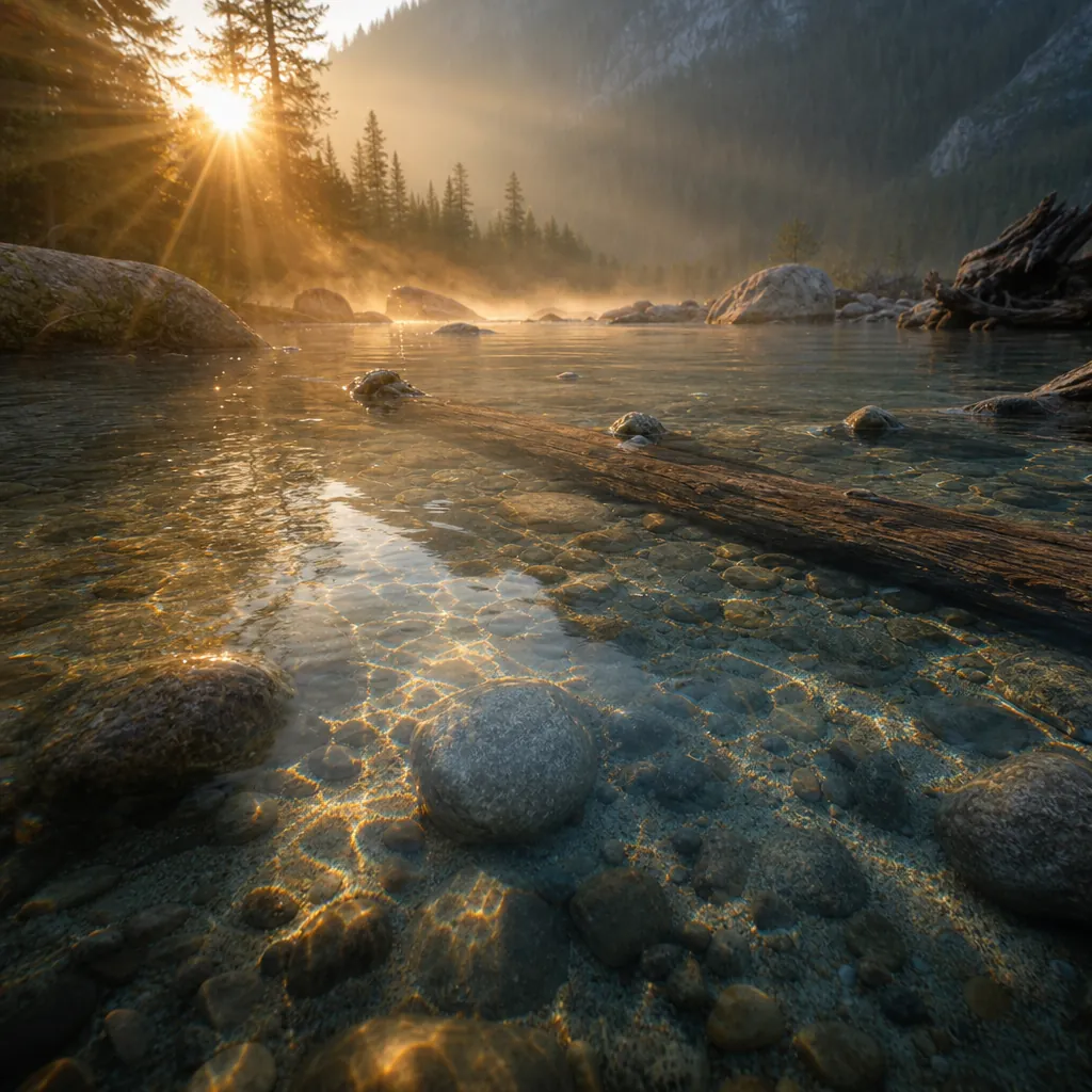 A close-up of sunlight refracting through shallow clear water over a sandy-bottomed river flat, casting rippled shadow p
