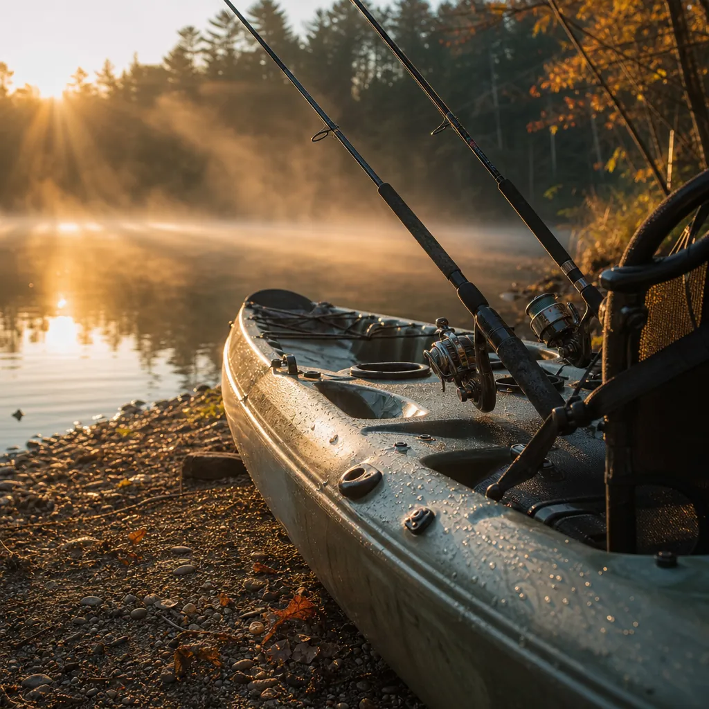 A close-up low-angle shot of a sit-on-top kayak hull resting on a pebbly lakeshore at midday, water droplets beading on 
