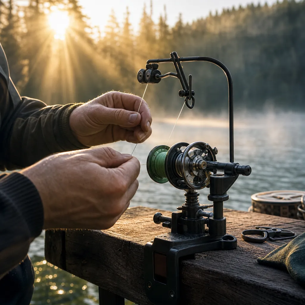 A close-up of hands guiding fishing line through a spooling station tension arm, the reel clamped firmly to a workbench 