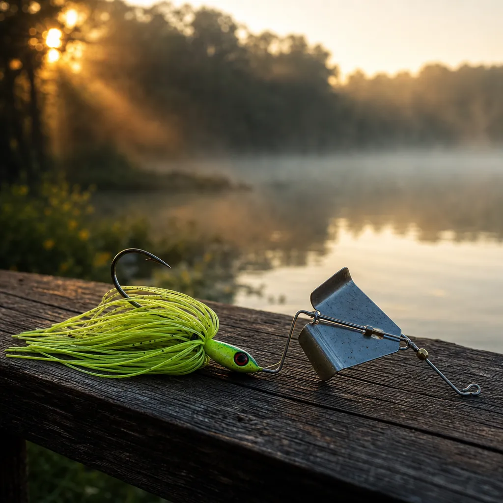 A close-up of a buzzbait resting on a weathered wooden dock rail, warm afternoon light casting long shadows across the a