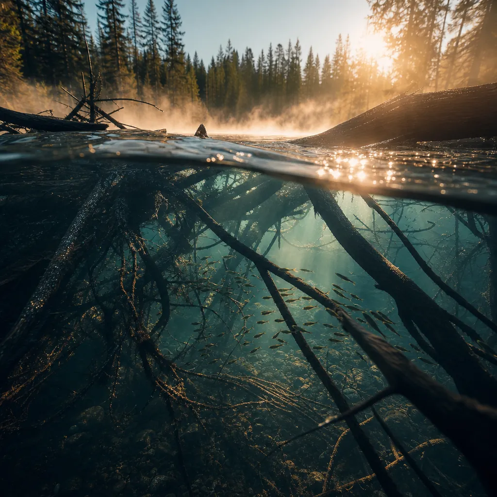 An underwater perspective looking up through submerged tree roots and fallen timber, dappled light filtering down throug