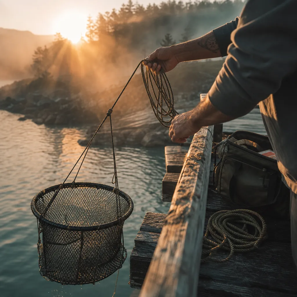 An angler's hands carefully lowering a circular pier drop net down toward the water from the wooden railing of a sunlit 