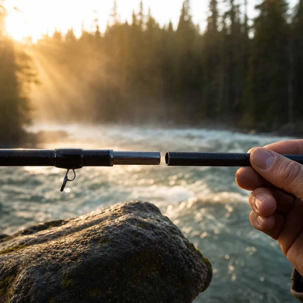 Close-up of two fishing rod ferrule sections being joined together over a rocky streambank, a fast-moving creek blurred 
