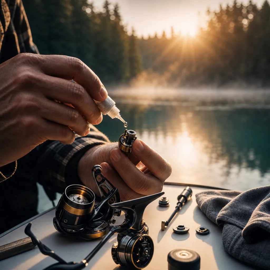A close-up of an angler's hands applying a single drop of reel oil to the line roller of a disassembled spinning reel on