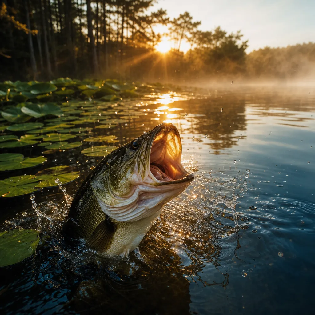 A close-up of a largemouth bass's open mouth breaching shallow amber-tinted water near a dense mat of lily pads, droplet