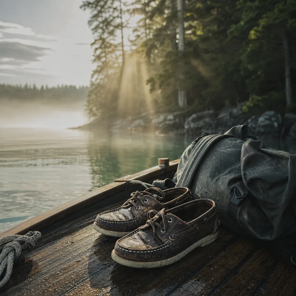 A close-up of a weathered wooden boat deck with a well-worn pair of deck shoes resting beside a small dry bag, soft natu