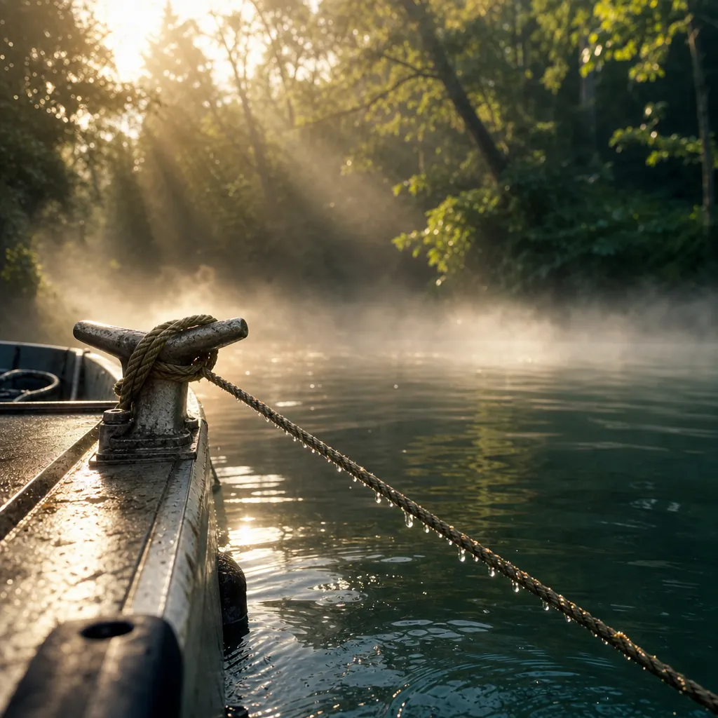 A close-up of a weathered rope cleat on a aluminum boat gunwale with an anchor line angling sharply into murky green riv