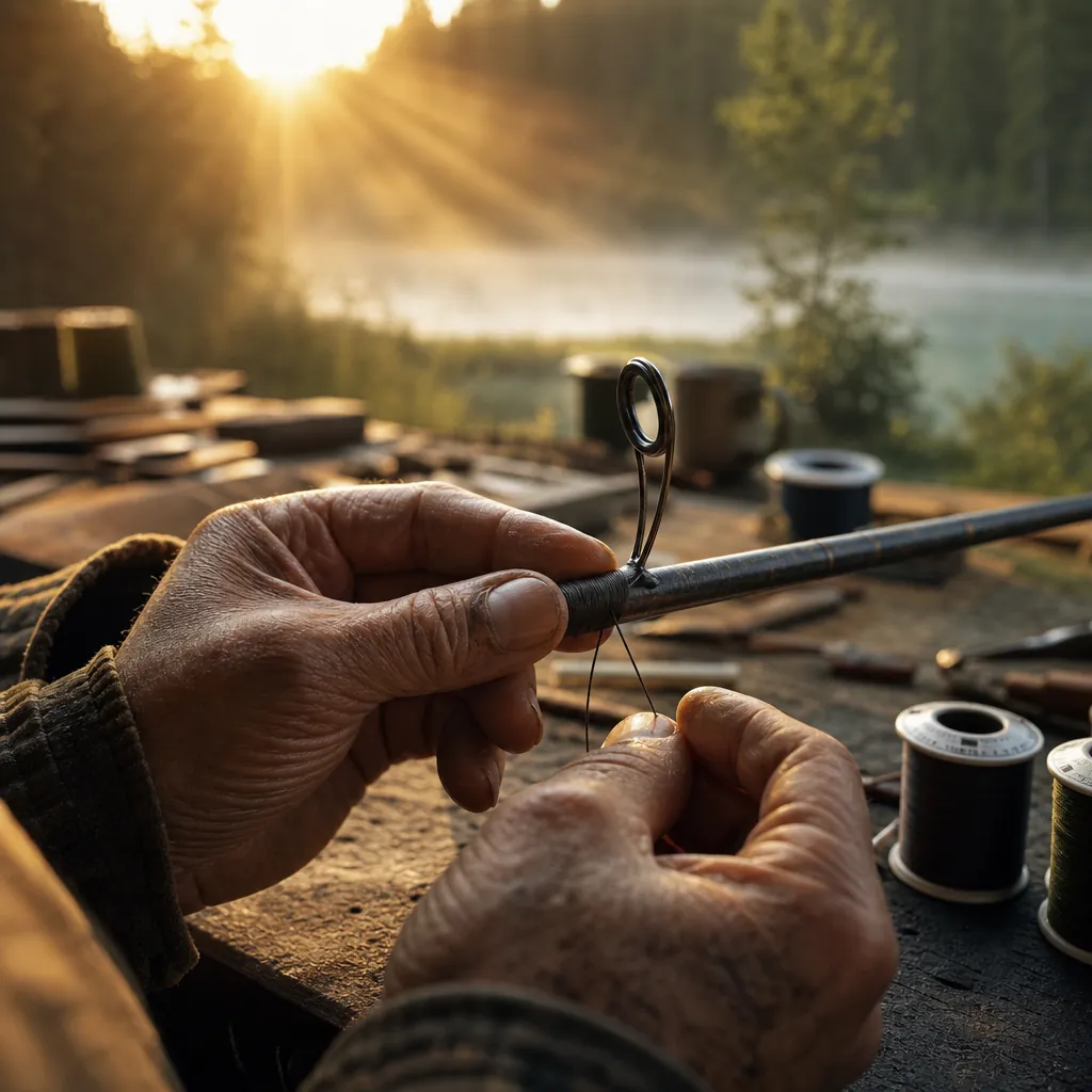 Close-up of a pair of weathered hands carefully wrapping dark thread around a fishing rod guide mounted on a worn workbe
