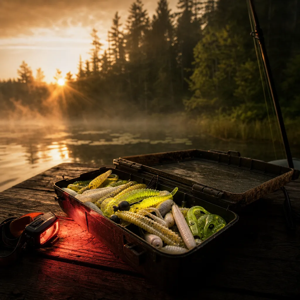 A close-up of a weathered tackle box open on a wooden dock at night, filled with glowing chartreuse and white soft plast