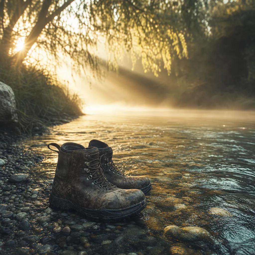 A pair of weathered wading boots stand at the edge of a shallow riffle, clear water rushing over smooth river stones in