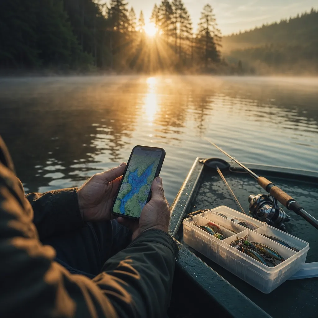 An angler's weathered hands hold a smartphone displaying a colorful topographic lake map, a tackle box and rod resting o