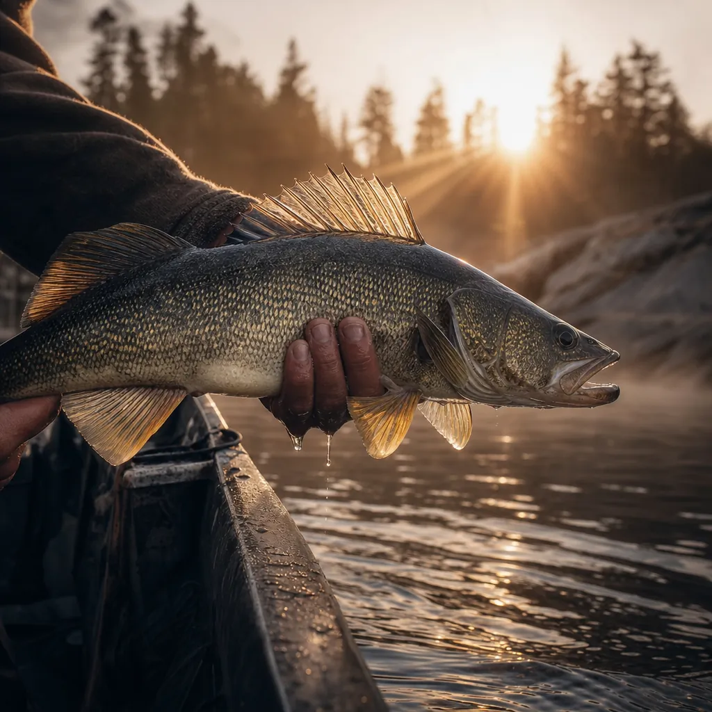 A close-up of a walleye being held horizontally over the gunwale of a weathered fishing boat at golden-hour dusk, rocky