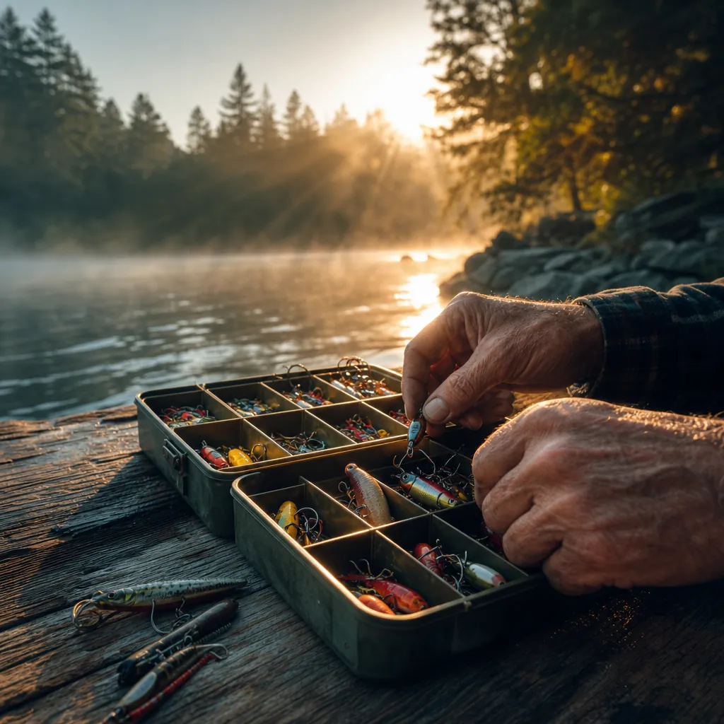 A close-up of weathered hands carefully sorting colorful fishing lures and hooks into a segmented tackle tray resting on