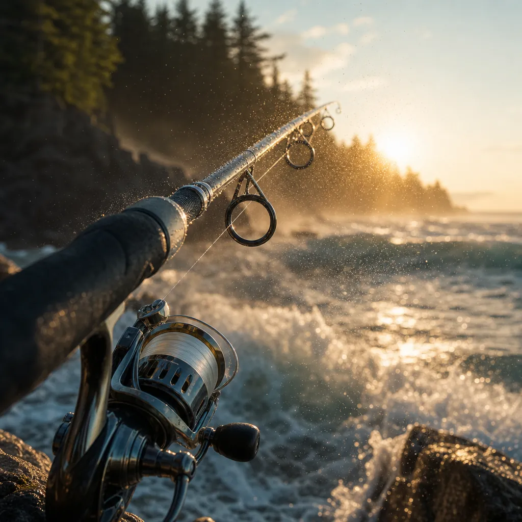 A close-up low-angle view of surf rod guides and a spinning reel seat, salt spray hanging in the air with a blurred cras