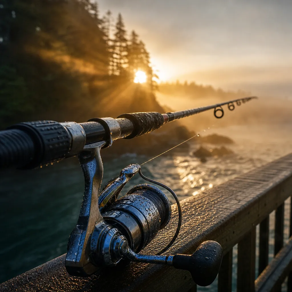 A close-up of a saltwater spinning reel mounted on a surf rod resting on a pier railing, beads of seawater clinging to t