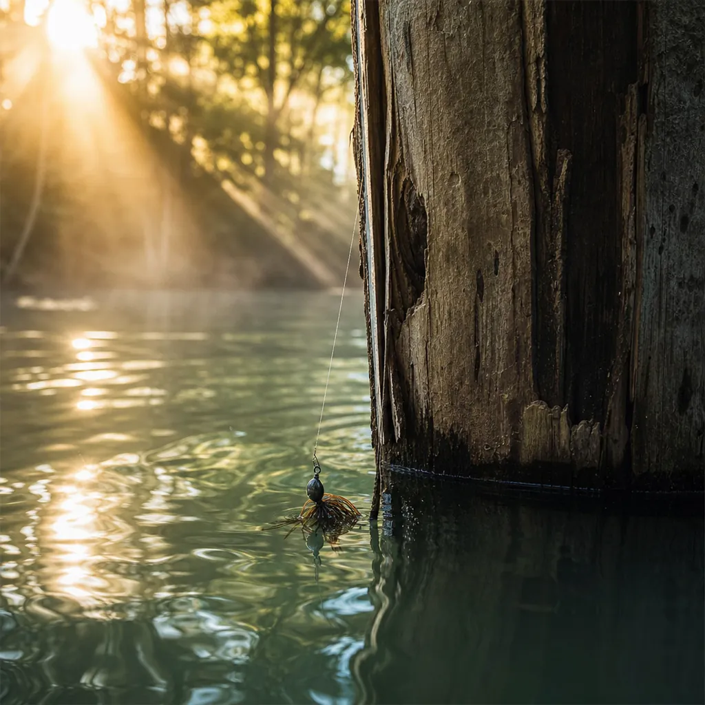 A close-up of a weathered wooden dock post surrounded by murky green water, with a jig lure just visible sinking into th