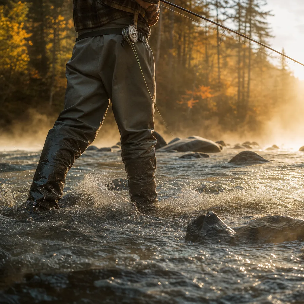 A close-up of a wader-clad angler's legs mid-stride in a rocky mountain stream, cold crystal-clear water swirling around